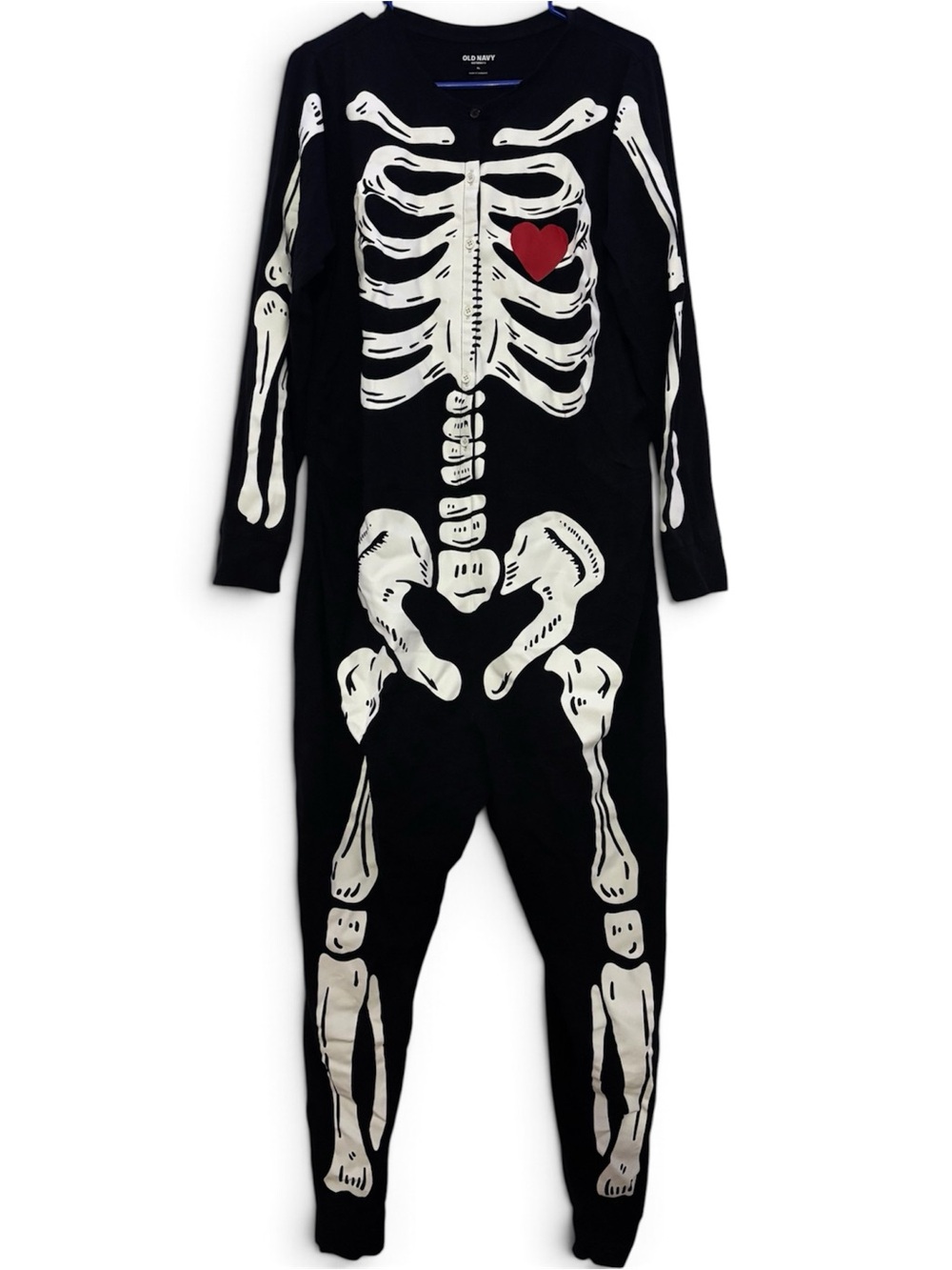 Old Navy Black Skeleton One-Piece Footie Pajamas with Red Heart